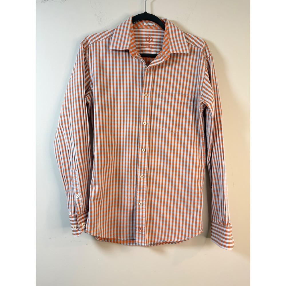 Bugatchi Uomo Shirt Orange Blue Gingham Shaped Fit Mens Small